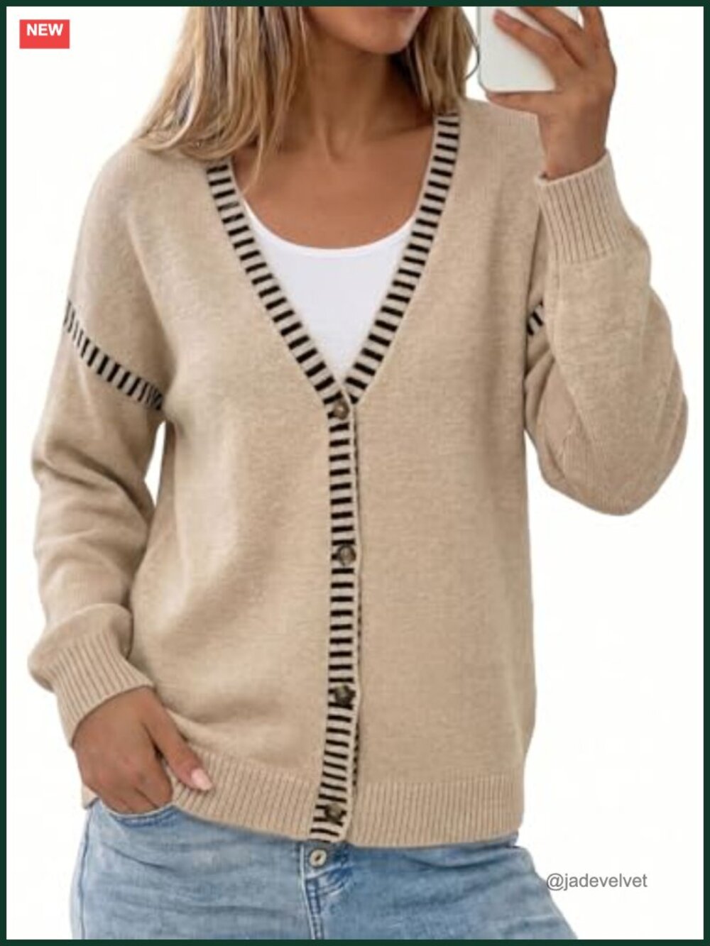 Oversized Cardigan Sweater with Striped Trim Button Front V-Neck Long Sleeve